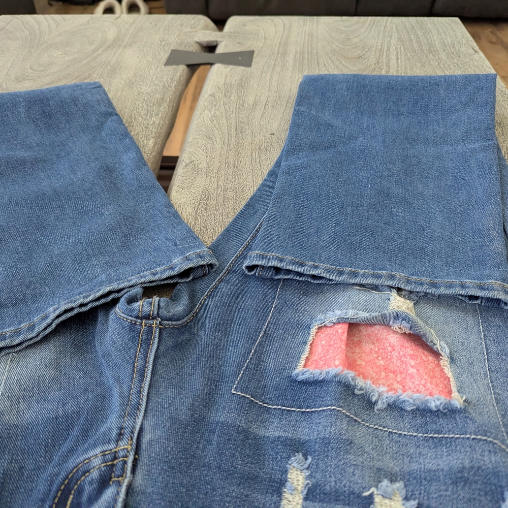 Women’s Blue Distressed Patchwork Jeans with Pink Accents Size M - Picture 6 of 16